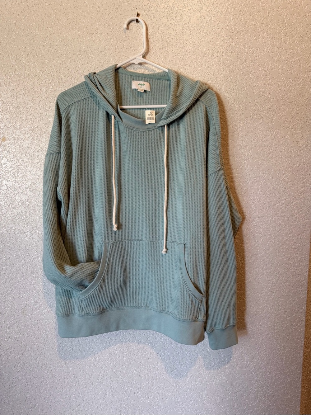NWT Aerie Sage Green Waffle Knit Hoodie Oversized Pullover Sweatshirt Large - Picture 2 of 12
